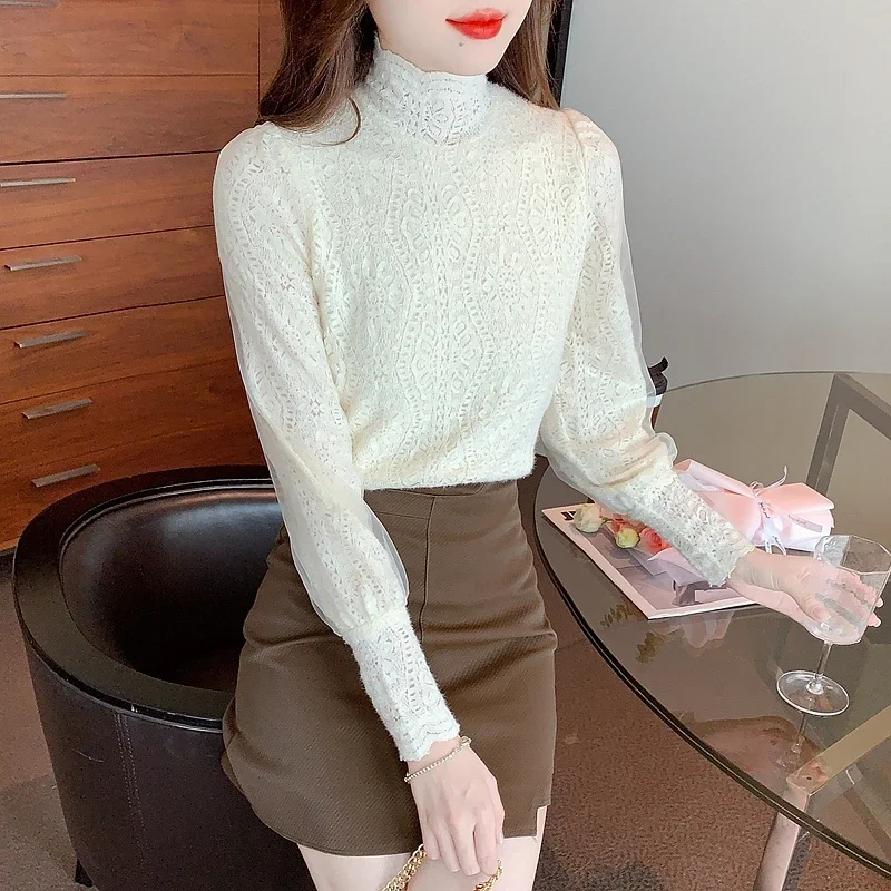 Модная кружевная женская блузка с воротником-стойкой и длинным рукавом
