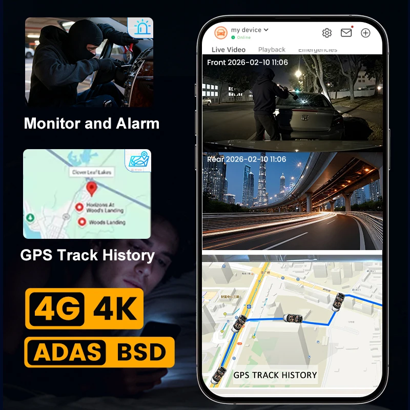 Фото 4K 4G двухканальный видеорегистратор с сенсорным экраном 3,69 дюйма, передней и задней камерами, Wi-Fi, GPS, приложением для просмотра в реальном времени, ADAS, BSD, 4G автомобильная камера №2