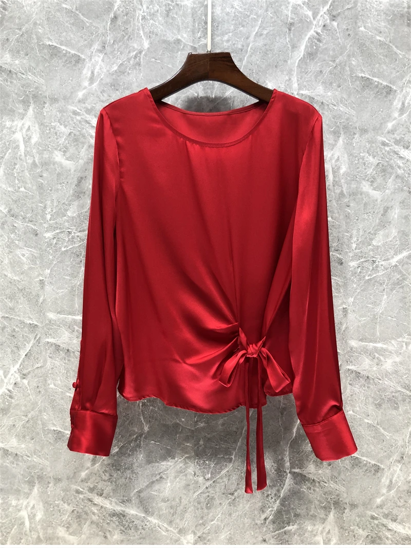 Tops Fashion Silk Blouses 2023 Spring Summer Style Women Pleated Bow Deco Long Sleeve Elegant Work Office Lady Blouses Shirt