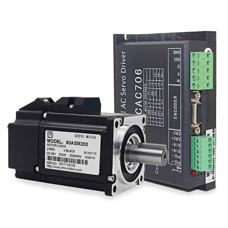 

Original JMC 60ASM200+MCAC706 200W 36VDC 0.64N.m NEMA24 Economical AC servo motor drive kit 1250 line 3000rpm