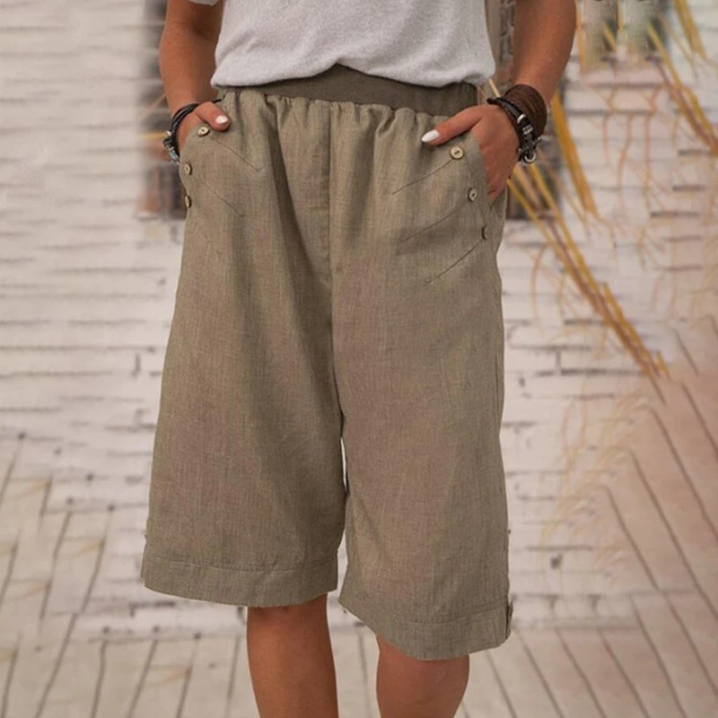 Women Elastic Waist Shorts Pants Button Chic Half Capris Trousers Summer Beach Travel Grunge Pants Lady Half Straight Pants