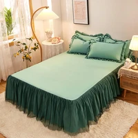 bonenjoy 1pc green color bed skirt double layer ruffles bed sheet queen size bed decoration skirts 150 pillowcase need order