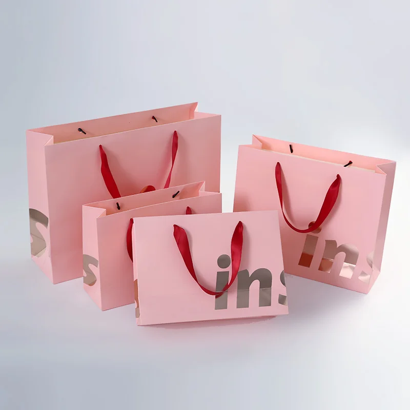 Ins style Fashion Paper Gift Bags custom logo pink gift clothing store shopping Luxury paper bag | Boxes &