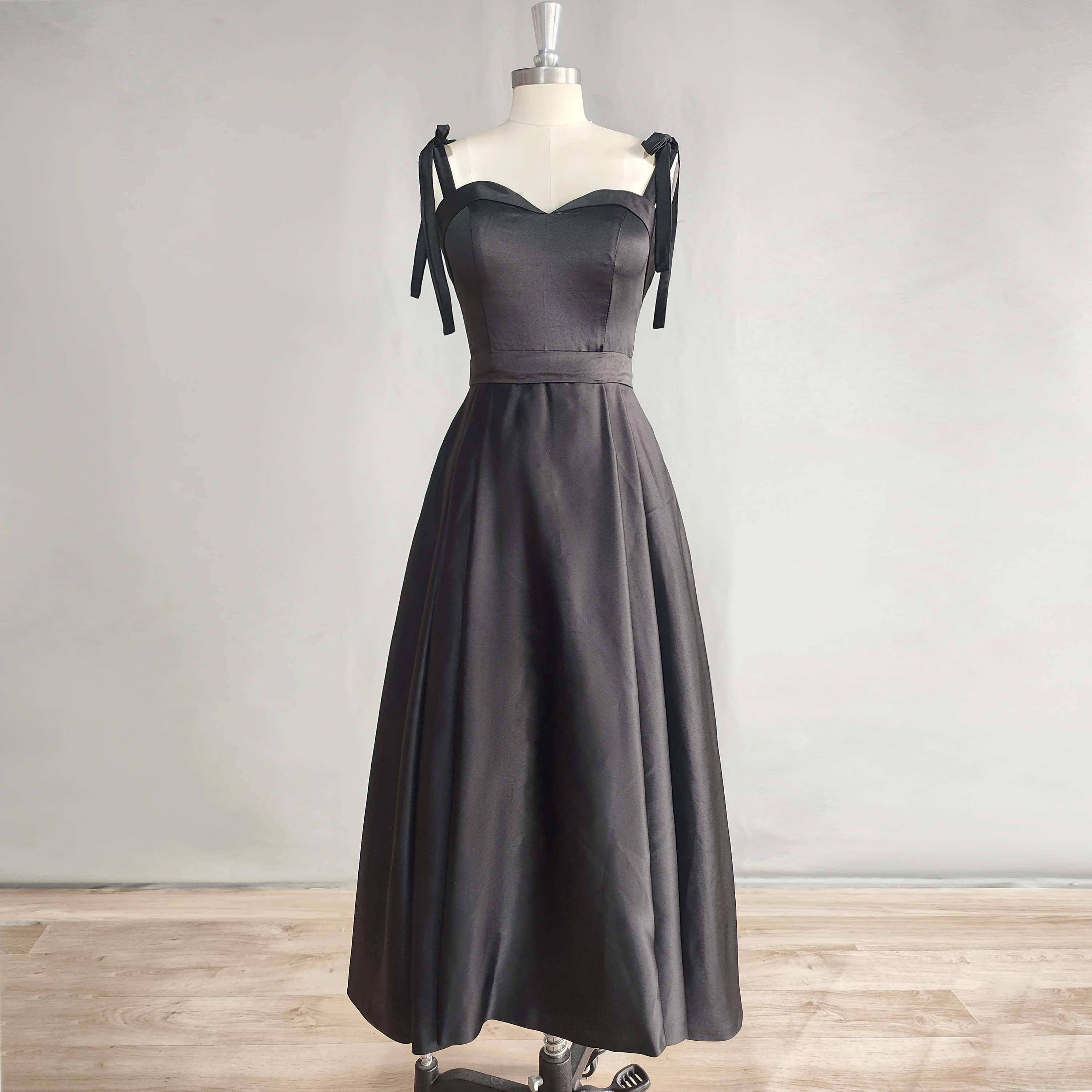 Dideyttawl Real Photos Black Spaghetti Strap Satin Prom Dress Tea Length Sweetheart A-Line Plain Short Evening Gown