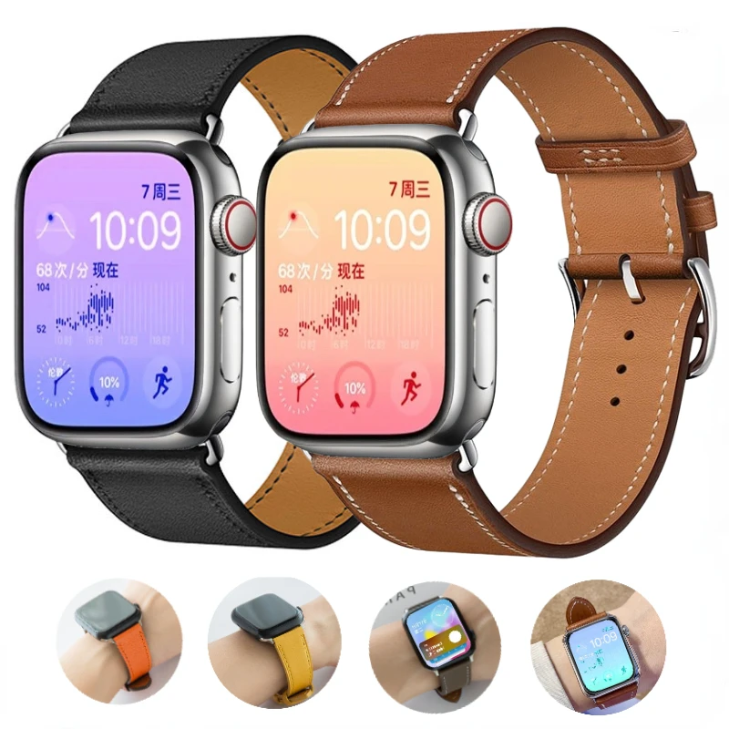 Фото Ремешок из натуральной кожи для Apple Watch 49 мм, 46 мм, 45 мм, 41 мм, 44 мм, 42 мм, 40 мм, мужской/женский браслет, ремешок на запястье, Ultra 10, 9, 8, 7, 6, 5, 4, 3, SE №1