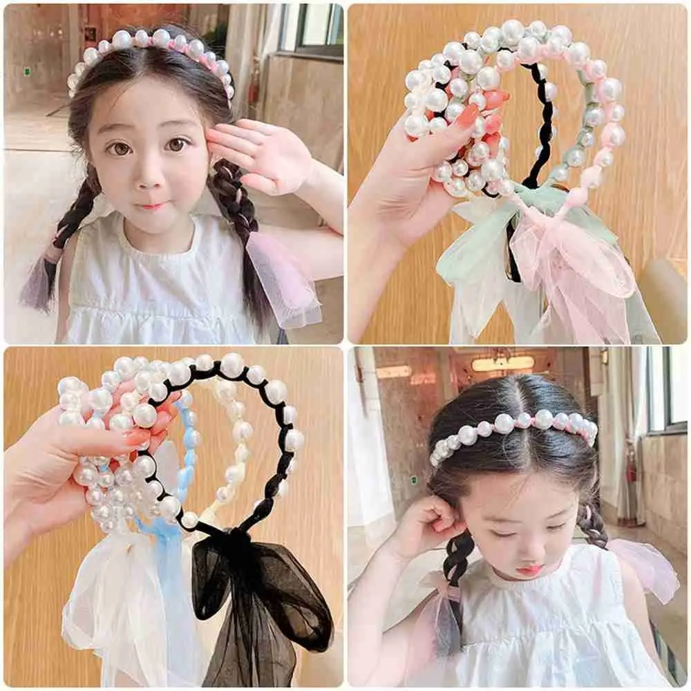 

2PCS New Girls Bowknot Elegant Princess Headwear Chiffon Lace Pearl Headband Ribbon Hair Band
