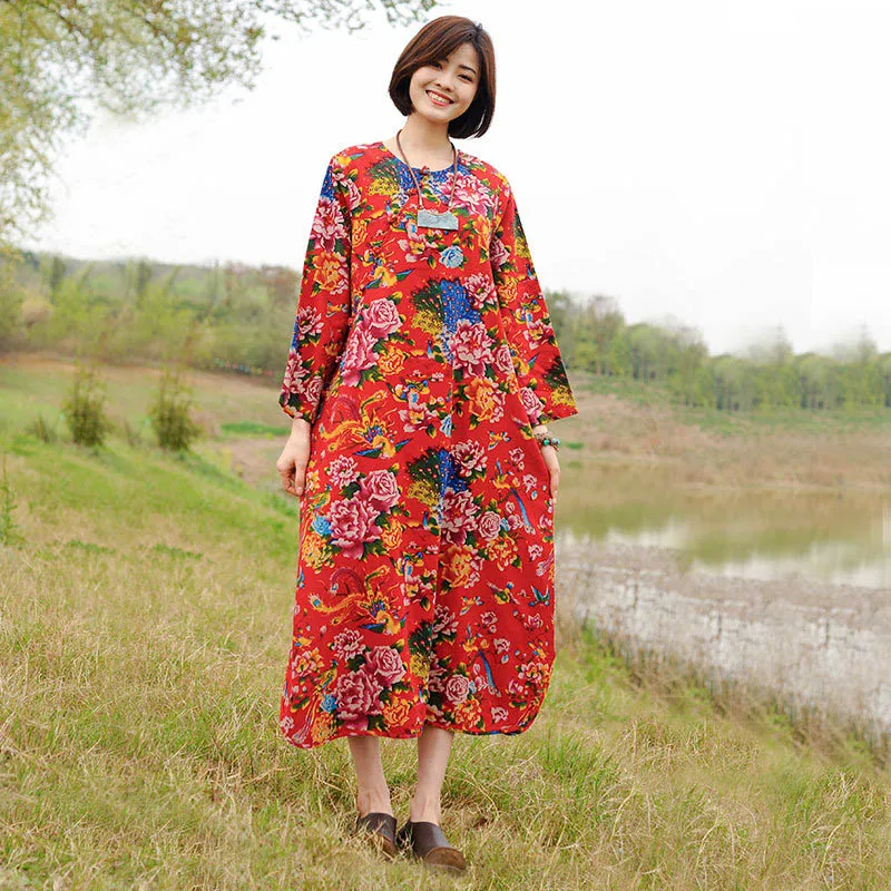 Женское платье с длинным рукавом классическое хлопково-льняное принтом в