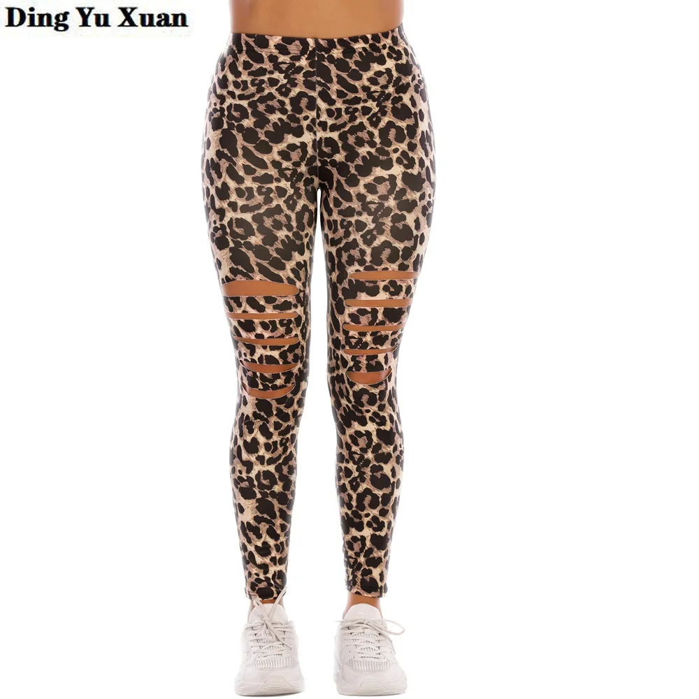 Woman High Waisted Hollow Out Skinny Black Leggings Women Leopard Printed Stretch Stacked Pencil Pants Female Jeggings Holes