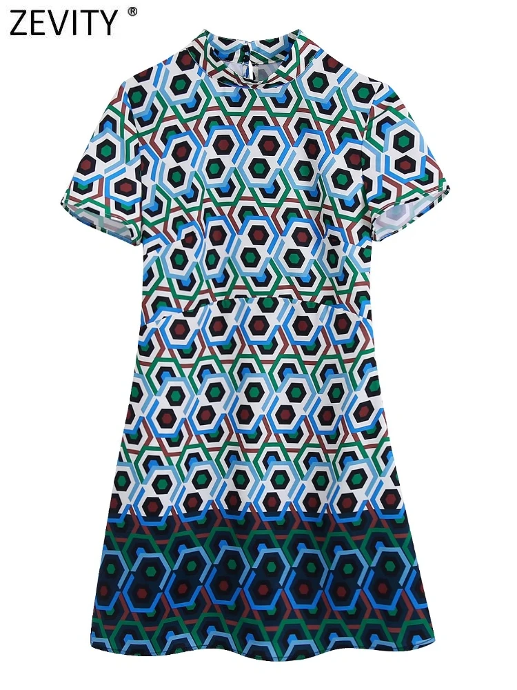 

ZEVITY Women Vintage Color Matching Geometric Print Retro Mini Dress Office Lady Chic Short Sleeve Casual Vestidos Mujer DS9370
