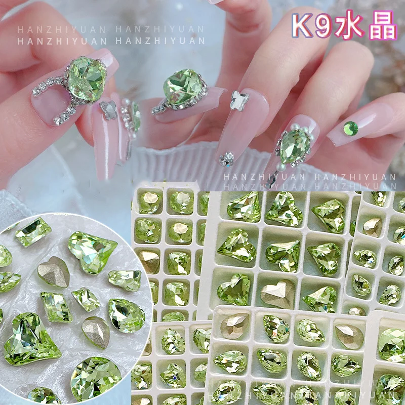 

10pcs Light Green K9 Olive Color Multi Shaped Minar Luxury Shiny Rhinestone Imitation Nail Diamonds Zircon Parts Nails Supplies
