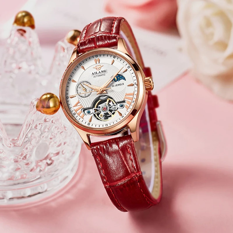 AILANG Luxury Classic Fashion Tourbillon Women Wrist Watch Top Automatic Mechanical Lady Watch Rose Gold Red Leather Strap Reloj enlarge