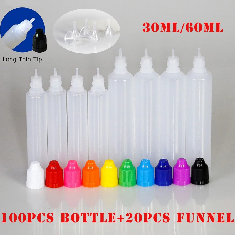 

100pcs 30ml/60ml Empty LDPE Plastic Squeezable E Juice Liquid Dropper Bottle Refillable Eye Bottles Long Tip Cap Vape Containers