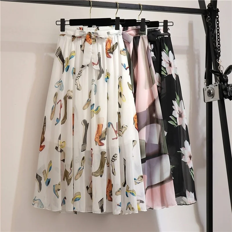 

Long Skirt Women For 2022 Spring Summer Lady Korean Style White Black Chiffon Sun School High Waist Midi Skirt Female