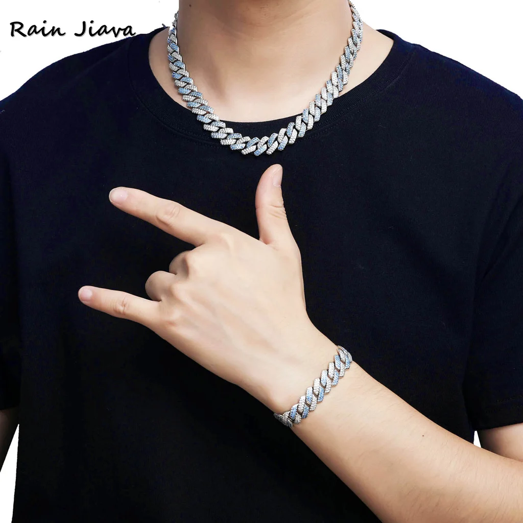 

Hip Hop 14mm Silver Blue Cuban Chain Bracelet Rapper Necklace Bling Iced Out Paved Setting Cubic Zircon Men Women Luxury Jewelry