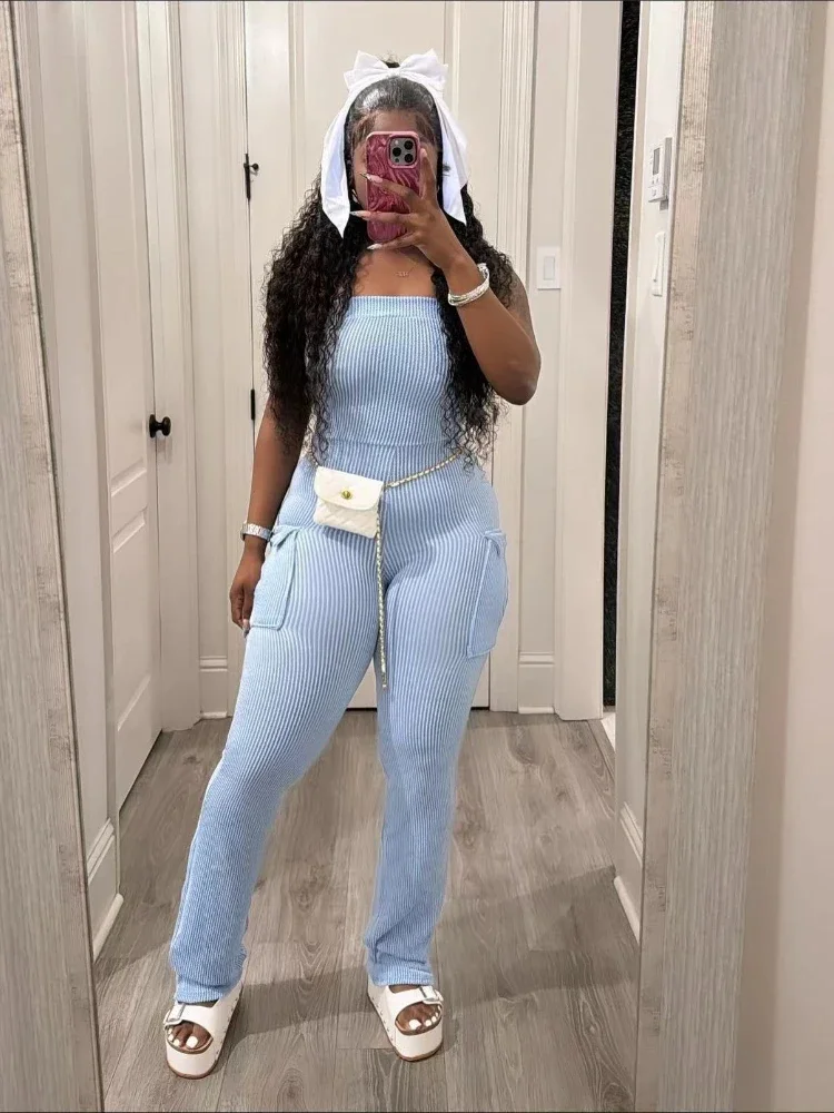 XIZOU элегантные вязаные комбинезоны без бретелек с открытыми плечами и карманами