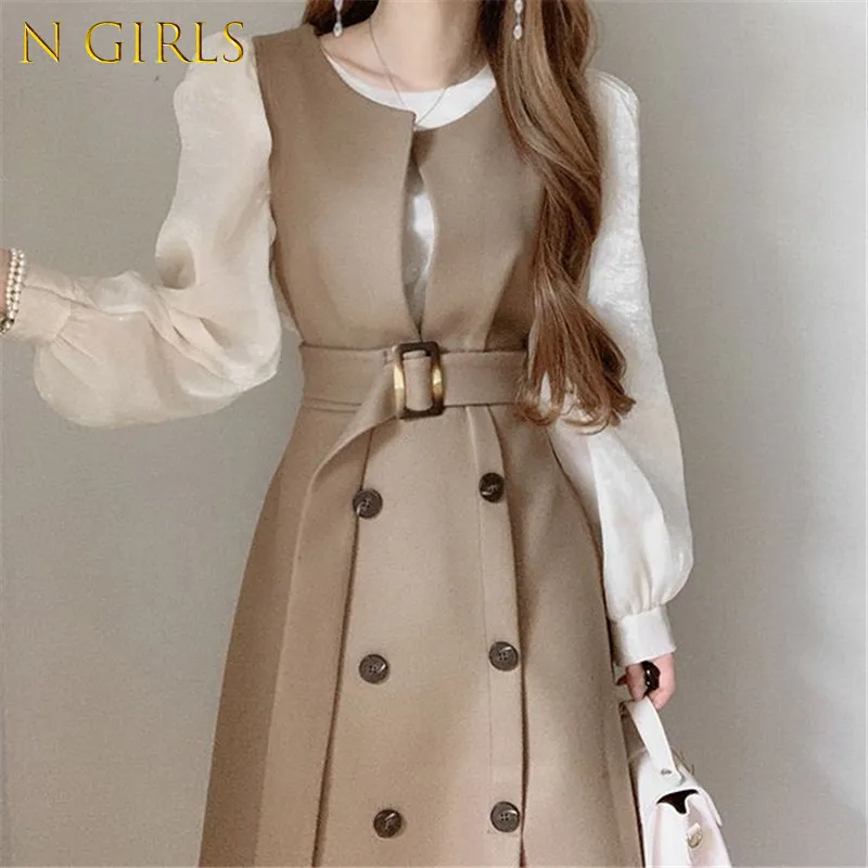 

N GIRLS Korean Chic Office Lady Elegant Tank Dress O-neck Double Sleeveless Robe 2022 Spring New Belt Slim Wasit Vestidos Mujer