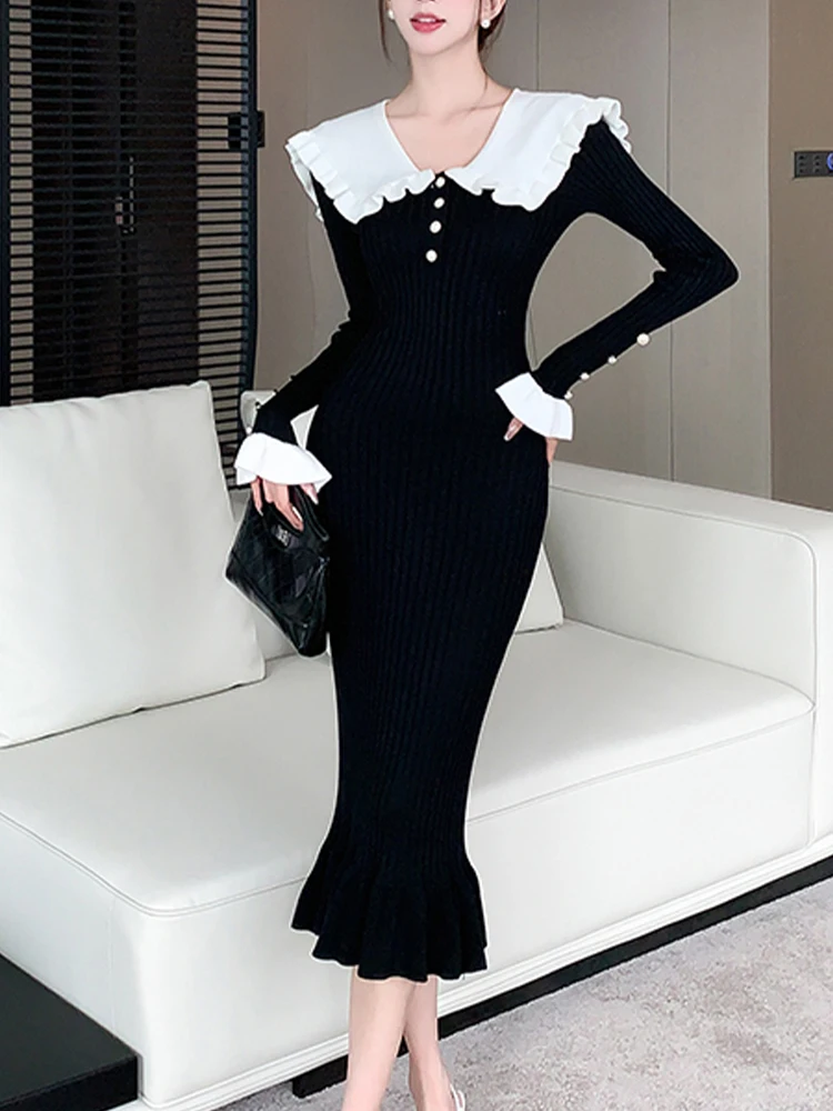 Повседневное лоскутное вязаное облегающее платье с цветными блоками бедра осень