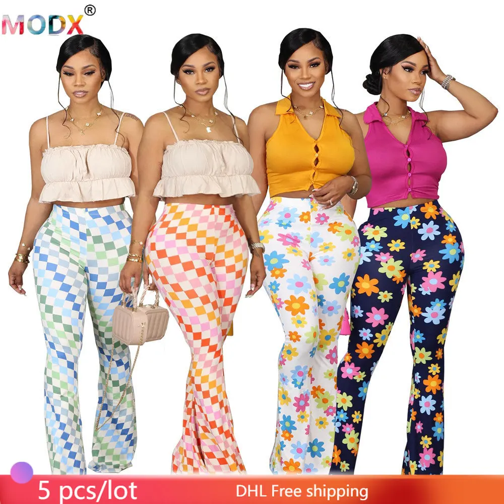 

5 Pcs 2023 Summer Womens Floral Printed Flare Pants High Waisted Sexy Slim Fitting Pants Casual Fashion Y2k Pants Wholesale 9812