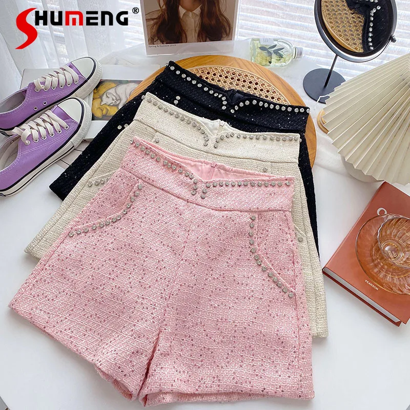 

Ladies Beaded Sequins A- Line Wide Leg Short Pants Winter 2021 Korean Style Women's High Waisted Shorts Casual Hot Pants