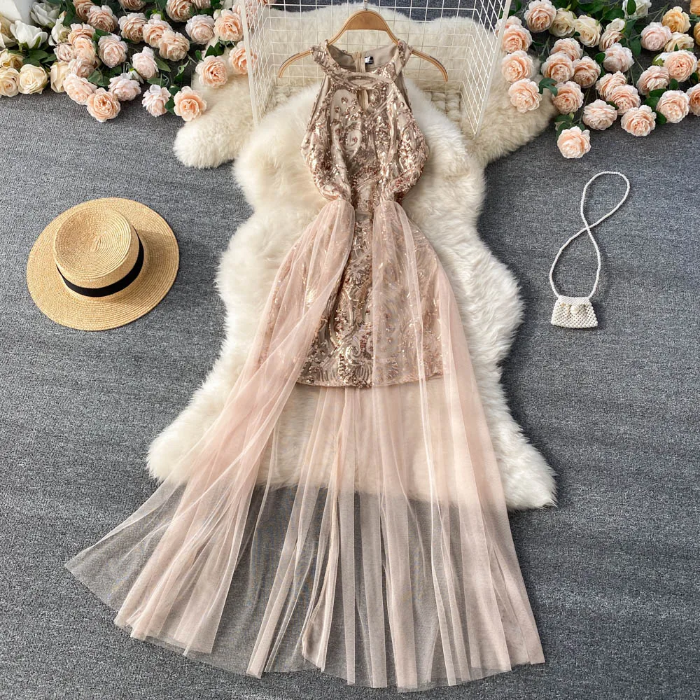 

Sexy Sequin Patchwork Mesh halter Dress Chic Elegant Evening Party Luxury Robe Women High Waist Slim Ceremonial Dress