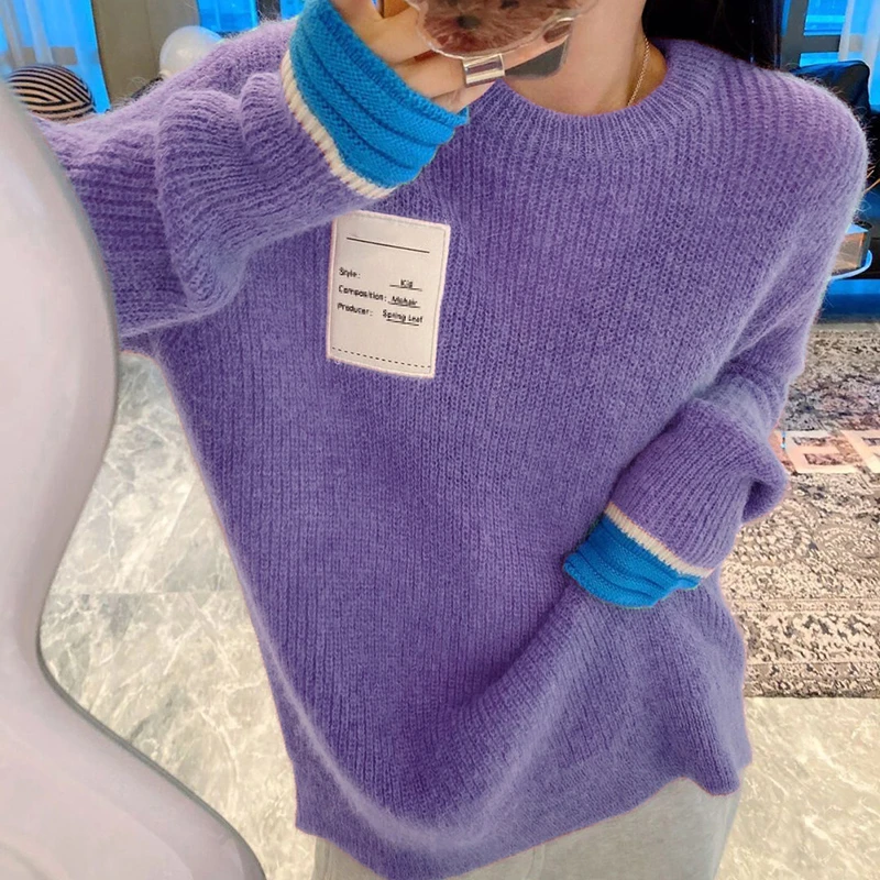 

Women Autumn Winter Sweater Contrast Color Patchwork Long Sleeve O Neck Pullover Jumpers Casual Vintage Pull Femme Purple Jumper