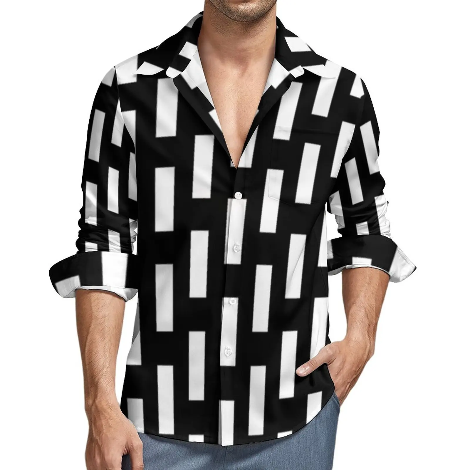 

Nordic Lines Print Aesthetic Casual Shirt Men Discontinuous Line Shirt Spring Fashion Blouses Long Sleeve Graphic Oversized Tops