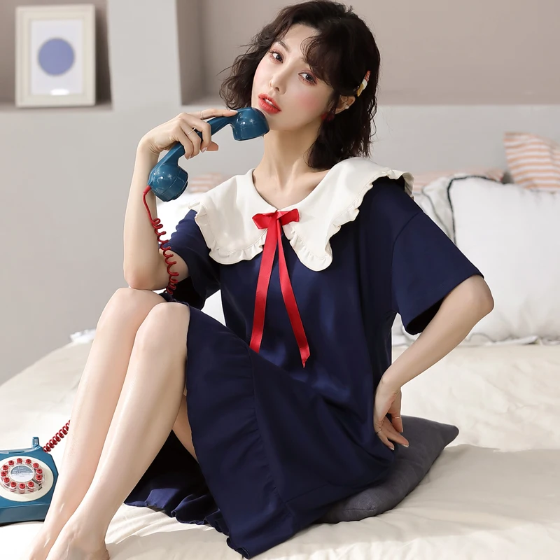 

Summer Cotton Women Nightdress Short Sleeve Home Clothes Sailor Collar Nightwear Large Size Bow sleepwear Solid Color Nightgown