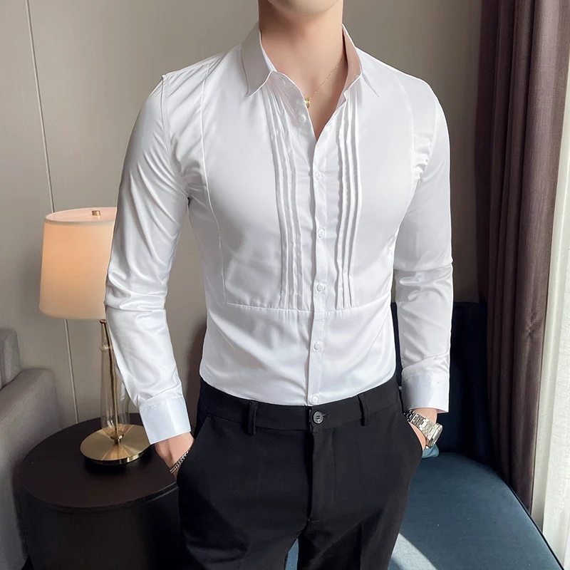 

Men Tuxedo Shirts Front Pleated Small Stand Collar Solid Long Sleeve Blouse Mens Gentleman Party Wedding Dress Slim Fit TOPS