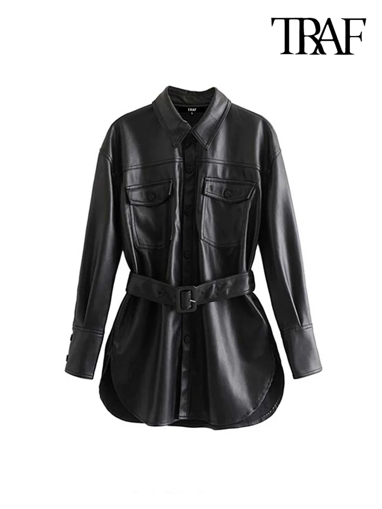 

TRAF Women Vintage Stylish Faux Leather With Belted Jacket Coat Fashion Long Sleeve Pockets Side Vents PU Outerwear Chic Tops