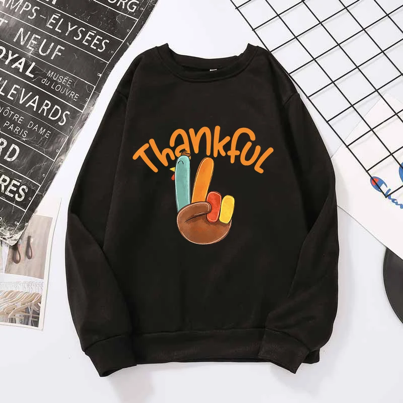 

Peace Hand Sign Thankful Printed Hoodless Sweatshirts Fashion Casual Creative Personalized Sweatshirts Autumn Winter Pullover