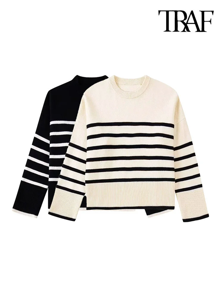 

TRAF Women Fashion Loose Striped Knit Sweater Vintage O Neck Long Sleeve Female Pullovers Chic Tops