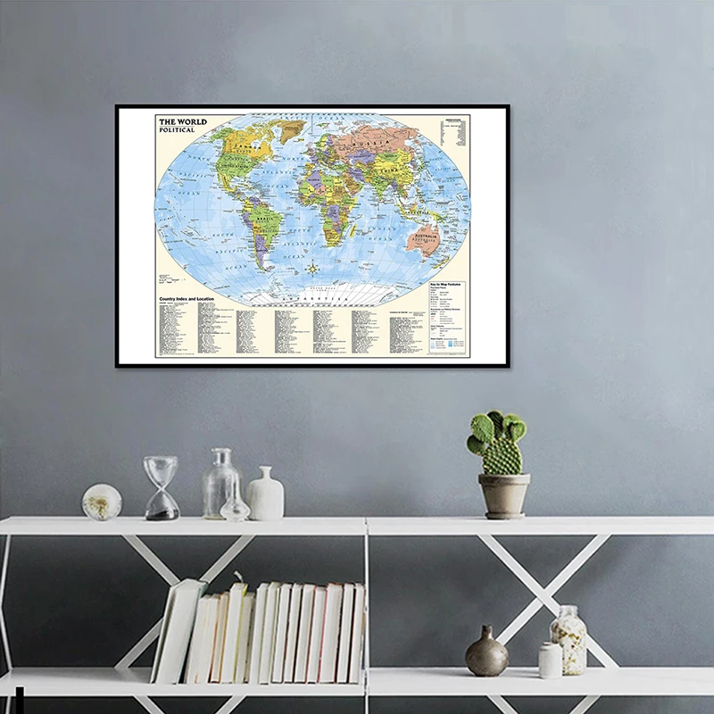 

24x36 inches The World Political Map With Country Index And Location Fine Canvas Painting For Wall Decoration