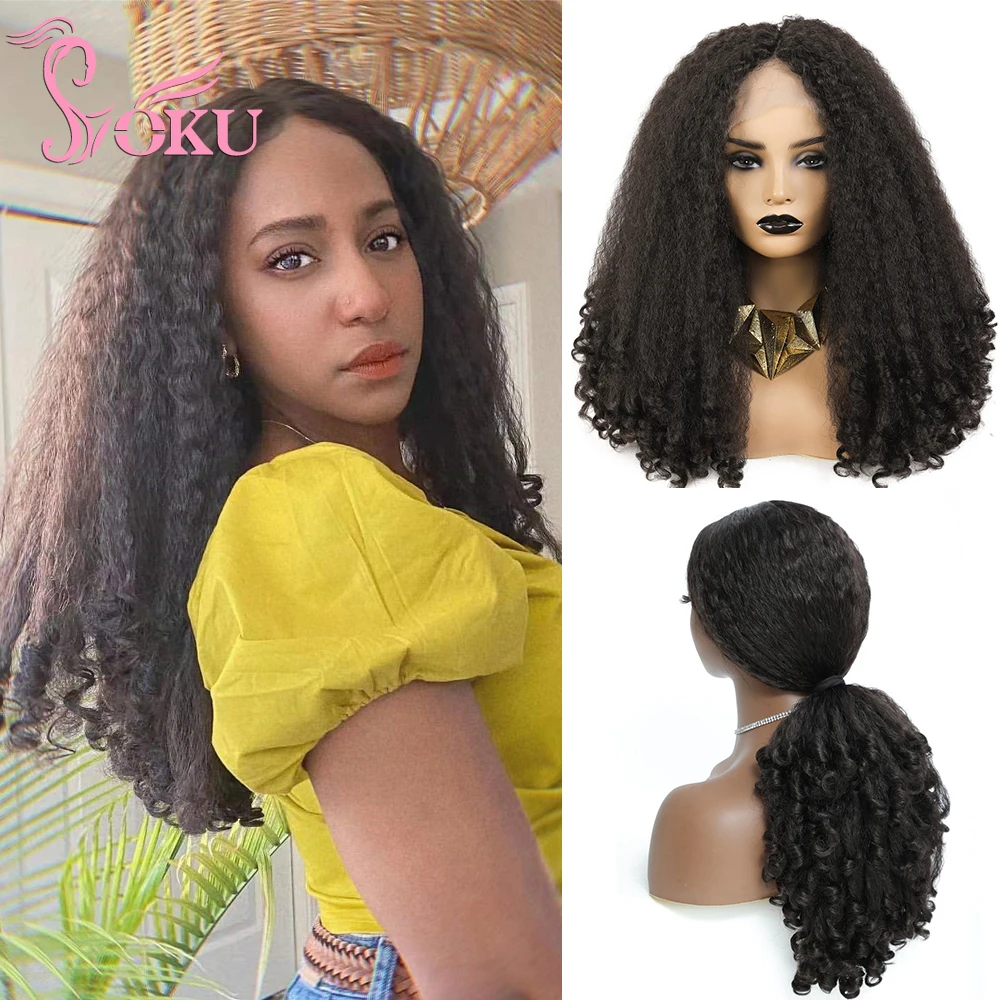 SOKU Synthetic Wigs Middle Part Lace Wig 20 inch Long Bouncy Spring Curly Yaki Straight Hair For Afro Women Fluffy Hairstyle