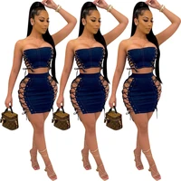 jeans 2022 summer sexy lace up denim women 2 piece set off shoulder crop top bandage bodycon skirts night club party vestidos