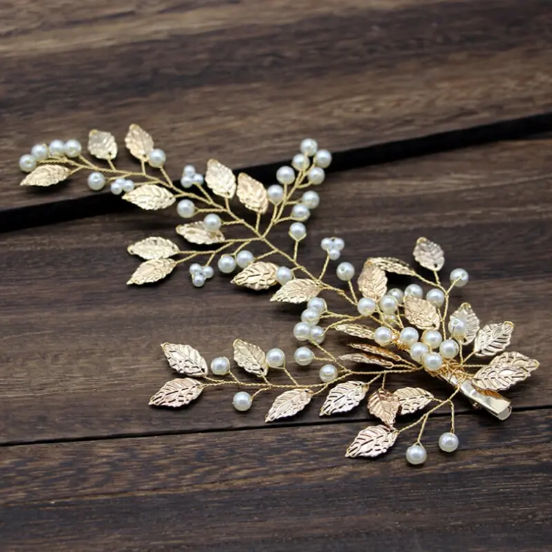 

Golden Pearl Leaf Bride Hair Pins Clip Bridal Hairpins Tiaras Headpiece Barrettes Wedding Hair Accessories for Noiva