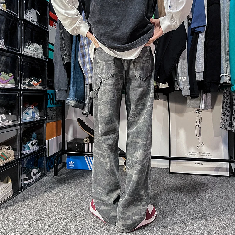 Camo Jeans Men Fashion Retro Casual Straight Baggy Jeans Men Streetwear Hip Hop Loose Cargo Jeans Mens Camouflage Trousers S-2XL