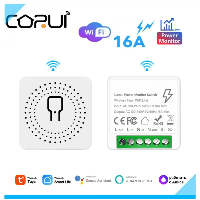 

Умный миниатюрный таймер CORUI16A Tuya с Wi-Fi для мониторинга электроэнергии, модуль переключателя с поддержкой двухстороннего управления Alexa Google ...