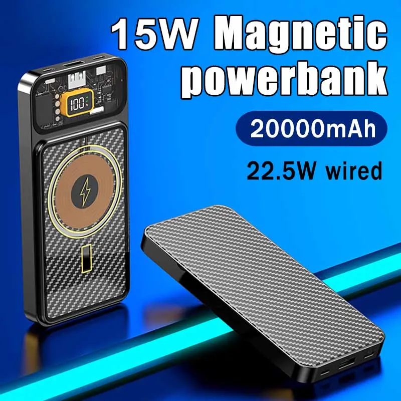 

20000mAh Magnetic Power Bank 15W Wireless Fast Charging External Battery For Iphone14 13 Mini Portable Digital Display Powerbank