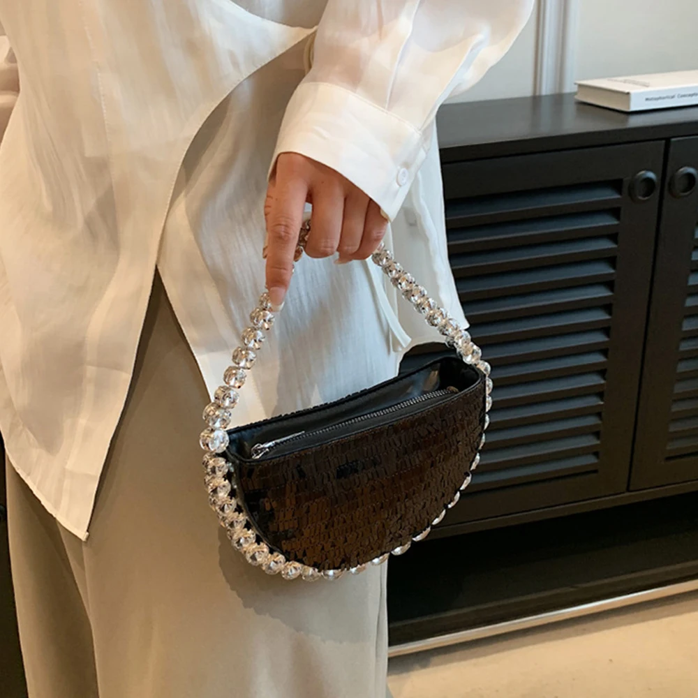 Sequined Evening Bags for Women Luxury Diamonds Handle Women Handbag Mini Half Moon Shoulder Bag Fashion Designer Bag Clutch New