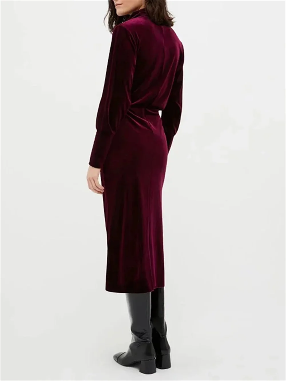 

Женское бархатное платье средней длины, элегантное облегающее однотонное платье с поясом на резинке и длинными рукавами, осень 2023