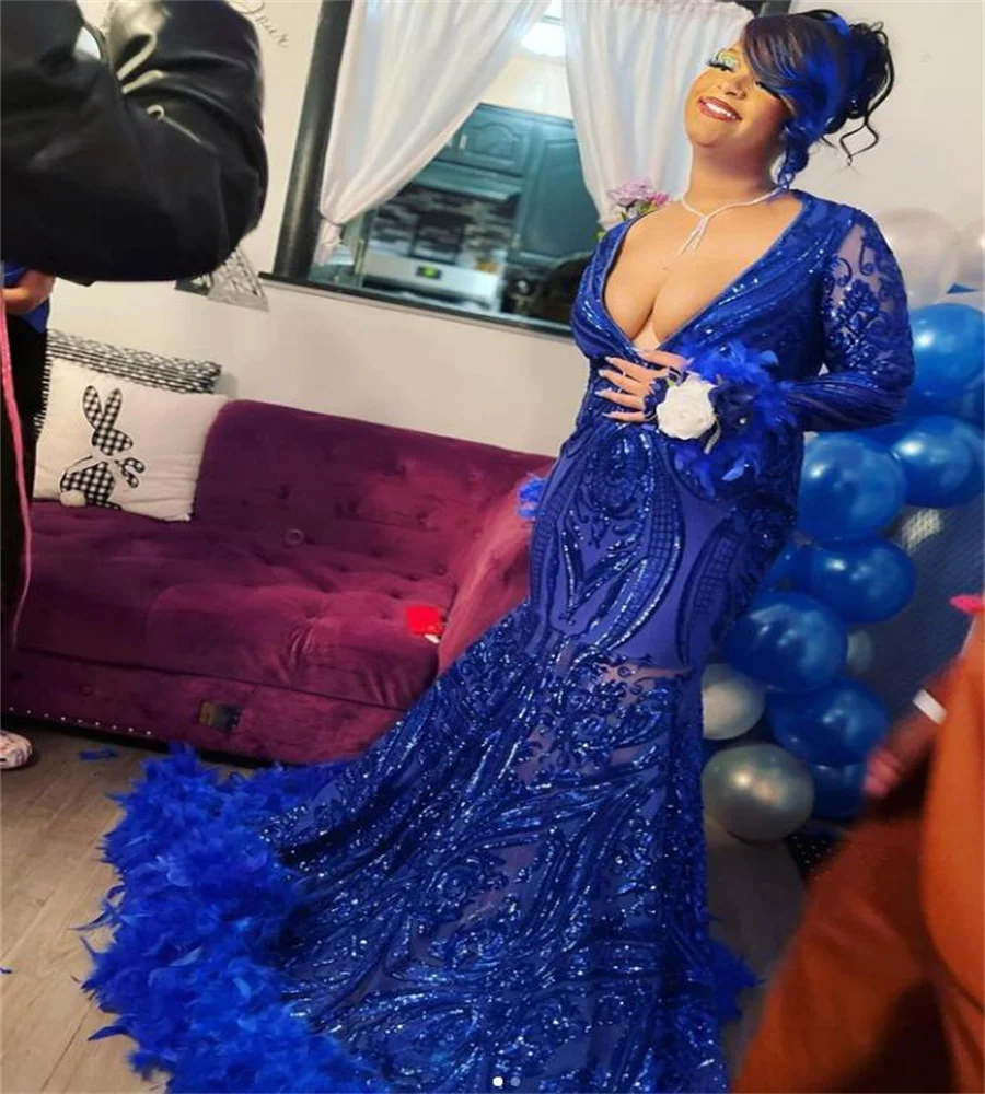 

Royal Blue Sequin Prom Dress With Feather For Black Girls Sexy Deep V Neck Sparkle Mermaid Evening Gowns 2023 Formal Party Wear