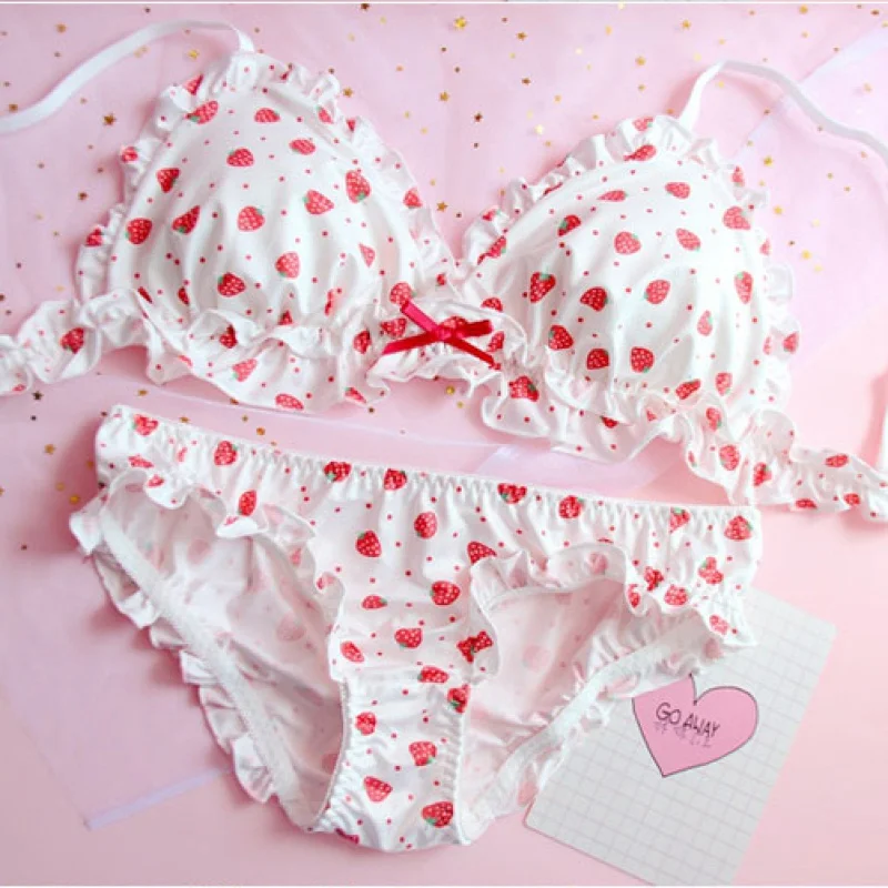 

Strawberry / Print Japanese Milk Silk Bra & Panties Set Wirefree Soft Underwear Intimates Set Kawaii Lolita Bra and Panty Se