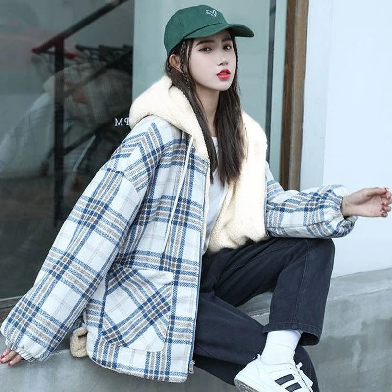 Winter Women's Cold Coat Parka Super Hot Sherpa Coat Hooded Plaid Padded Jacket Cheap Wholesale Loose Long Sleeve Top Plus Size