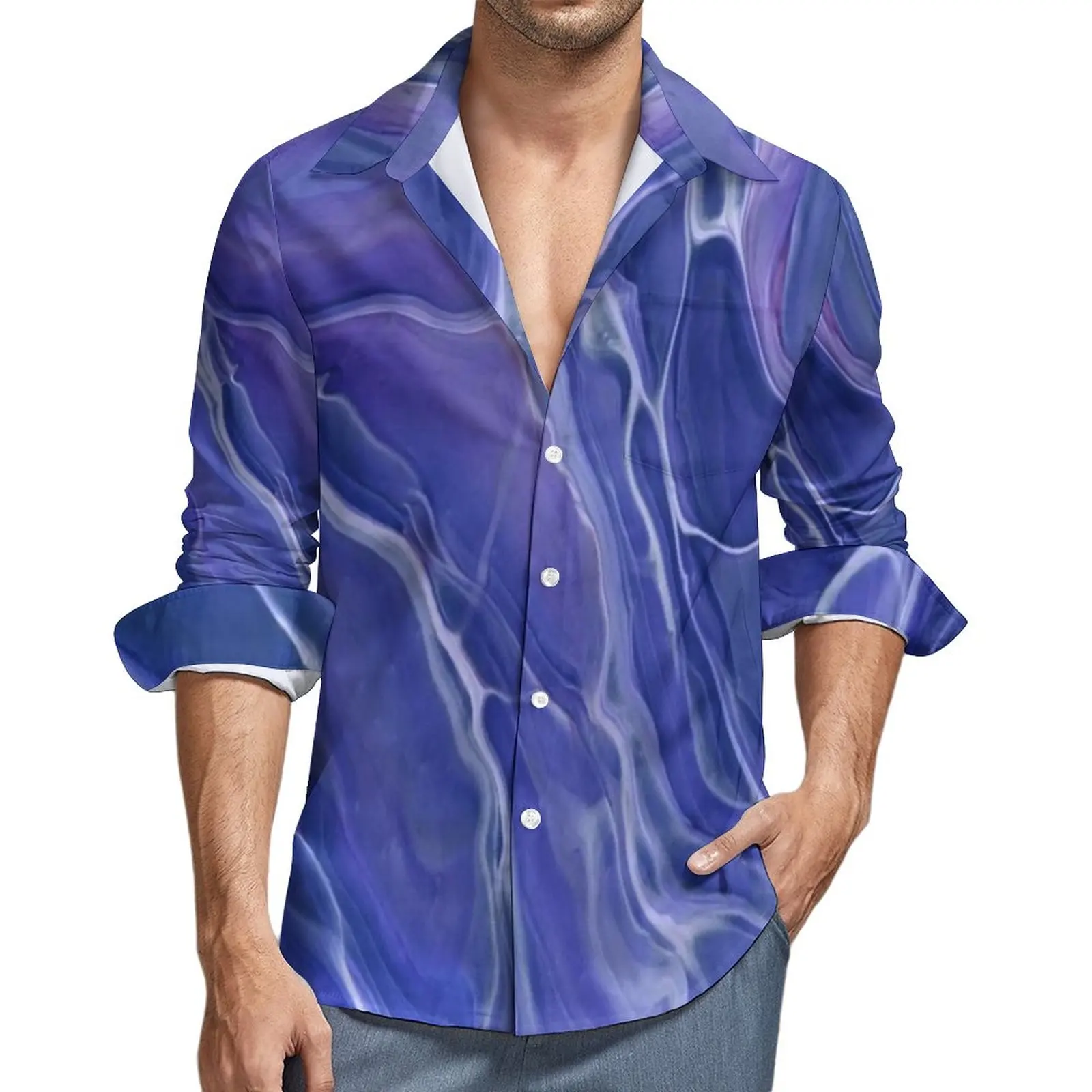 

Lavender Blue Marble Casual Shirts Man Fantasy Violet Abstraction Shirt Long Sleeve Fashion Aesthetic Blouses Autumn Custom Tops