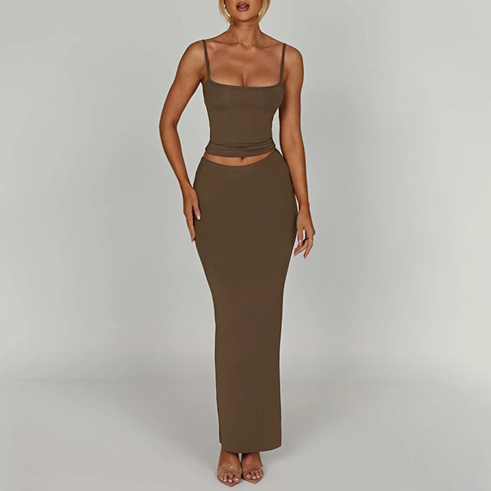 

Женский топ на бретелях-спагетти, юбка с квадратным вырезом, женский топ на бретелях, макси-юбка, соблазнительная Стильная однотонная облегающая праздничная одежда