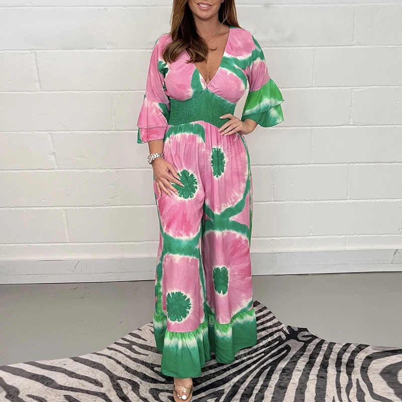 

Sexy Deep V Neck High Waist Women Jumpsuit Spring Tie Dye Print Wide Leg Pants Rompers Summer Butterfly Sleeve Straight Overalls