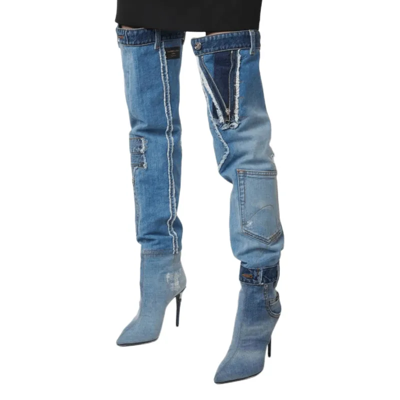 

Женские высокие сапоги в стиле панк, синие ковбойские сапоги до колена на тонком каблуке, с ремешком и пряжкой, без застежки, с острым носком, 2023