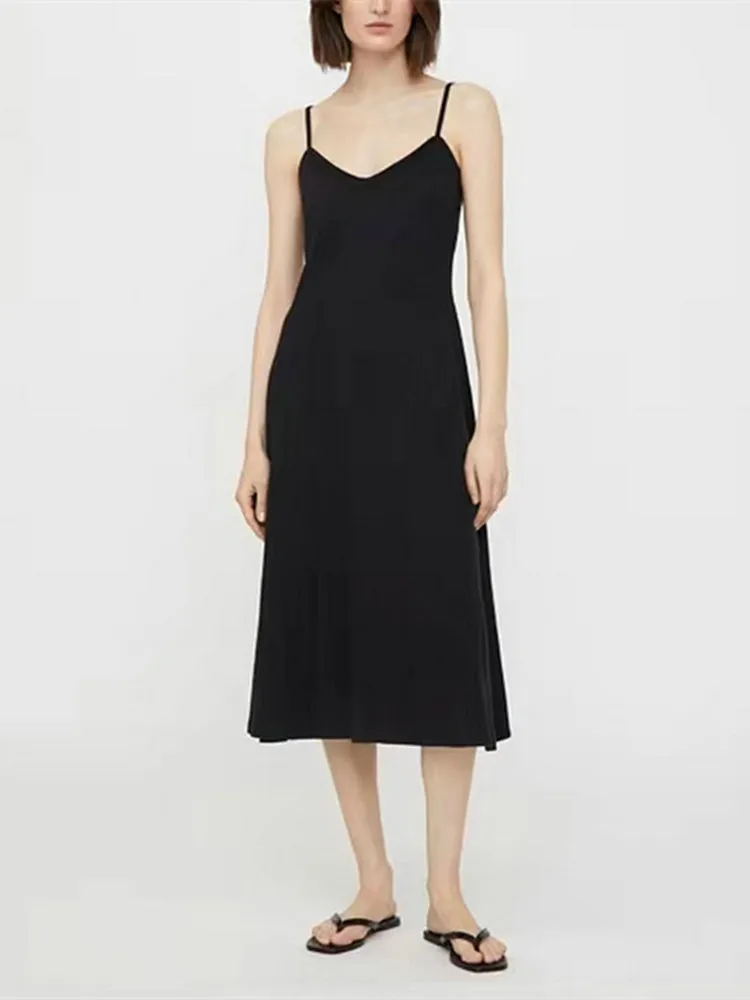 

Women Dress V-Neck Sleeveless Solid Color Elegant Spring Summer Knitting Midi Dress