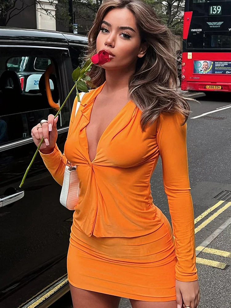

Y2K Sexy Polo Neck Low Cut Long Sleeve Shirts + Mini Skirt 2 Piece Matching Sets Women 2022 Autumn High Street Party Club Outfit