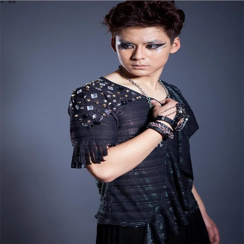 Wear costume irregular fashion punk slim sexy shirt men short sleeve shirt korean shirt mens personality stage singer dance